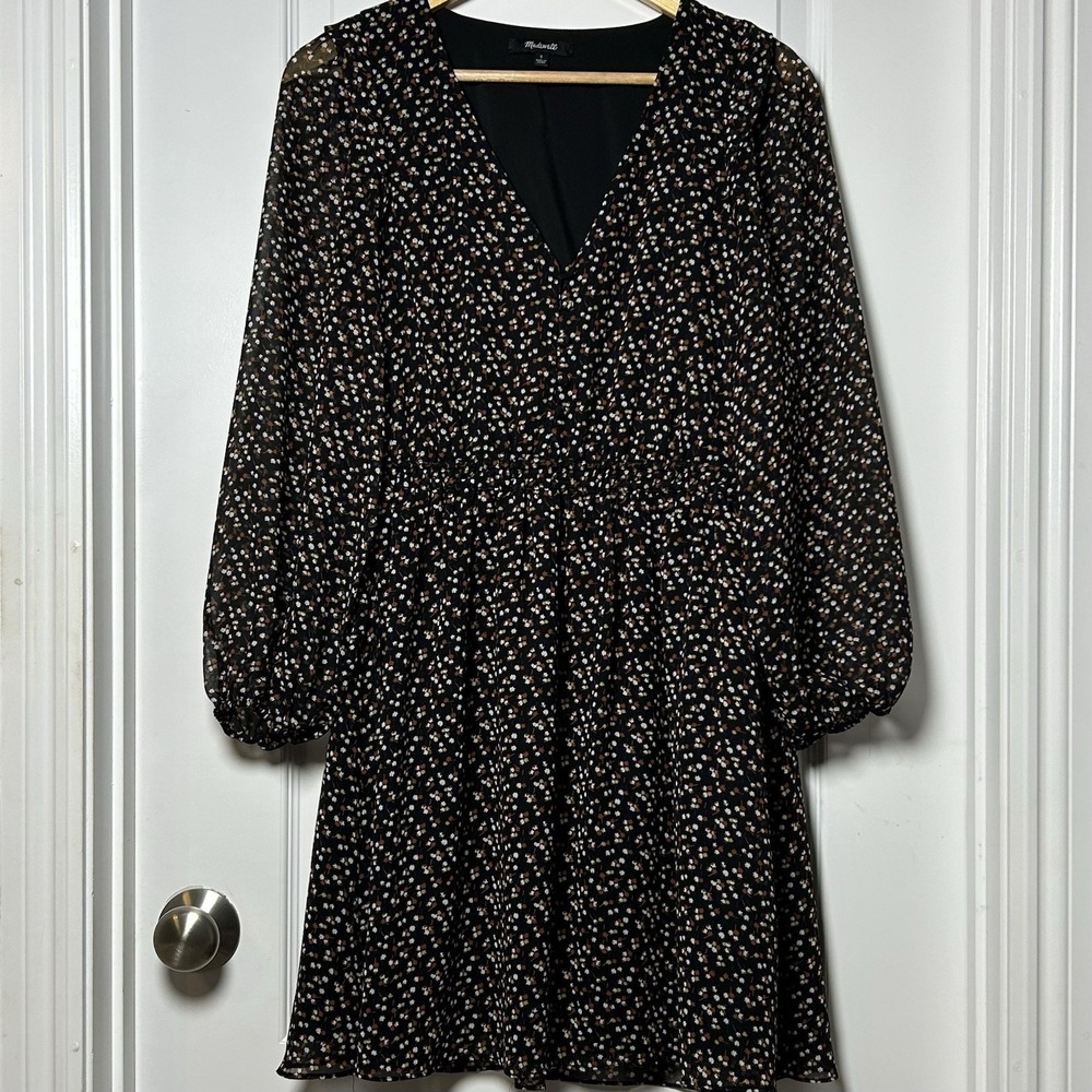 Madewell Black Ditsy‎ Floral Chiffon Fit Flare Mini Dress Dark Academia Style